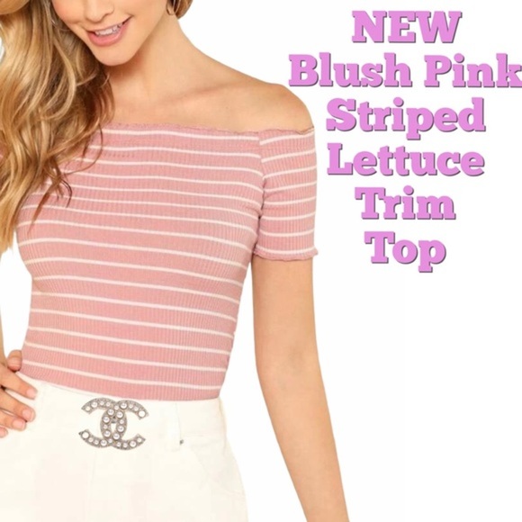 Off the Shoulder Pink Striped Lettuce Trim Tee - Picture 12 of 12